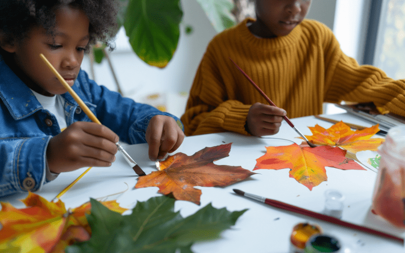 Two young students creating a fall-themed craft in the classroom, supporting language development through hands-on autumn activities